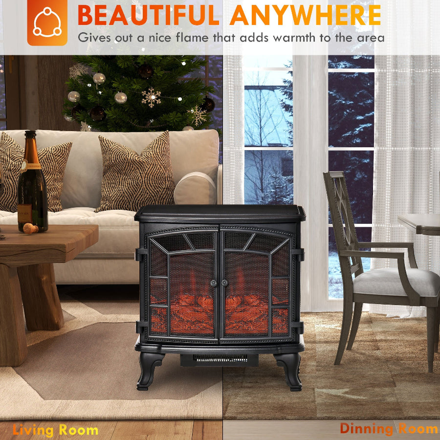 Electric fireplace in a living room with a couch and table, and dining room with chairs and table.
