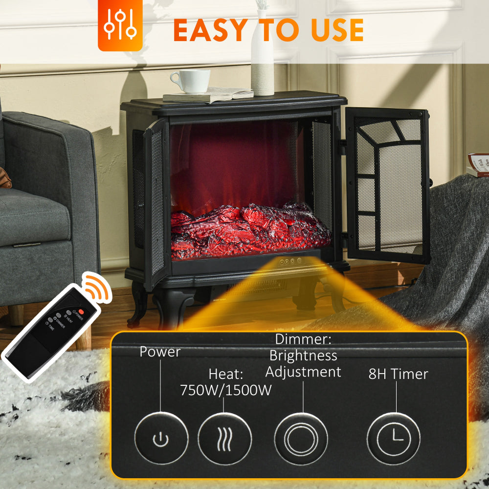 Electric fireplace with remote control and control panel in a living room setting