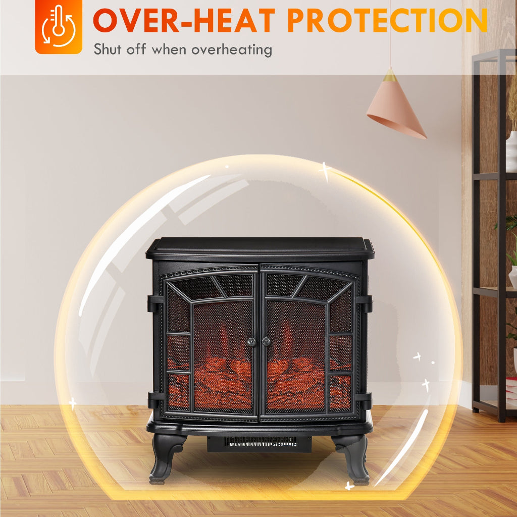 Electric fireplace with overheat protection feature highlighted