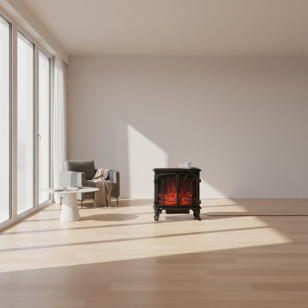 Woman sitting on a chair with a blanket, next to an electric fireplace with 'Real Dancing Flame' feature.