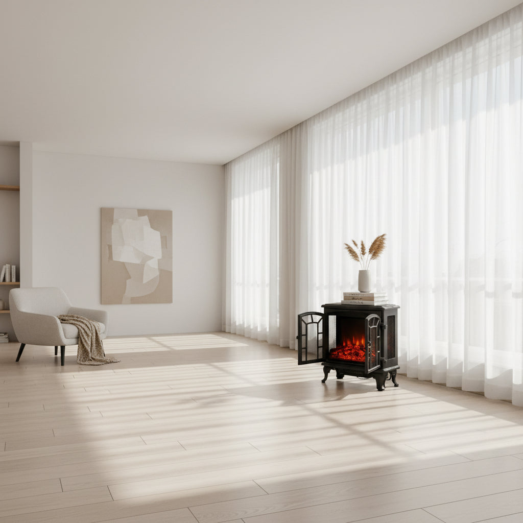 Electric fireplace heater in a living room setting with a couch and decorative items.
