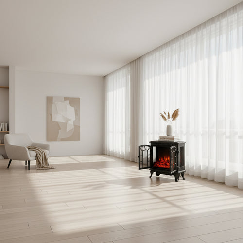Electric fireplace heater in a living room setting with a couch and decorative items.