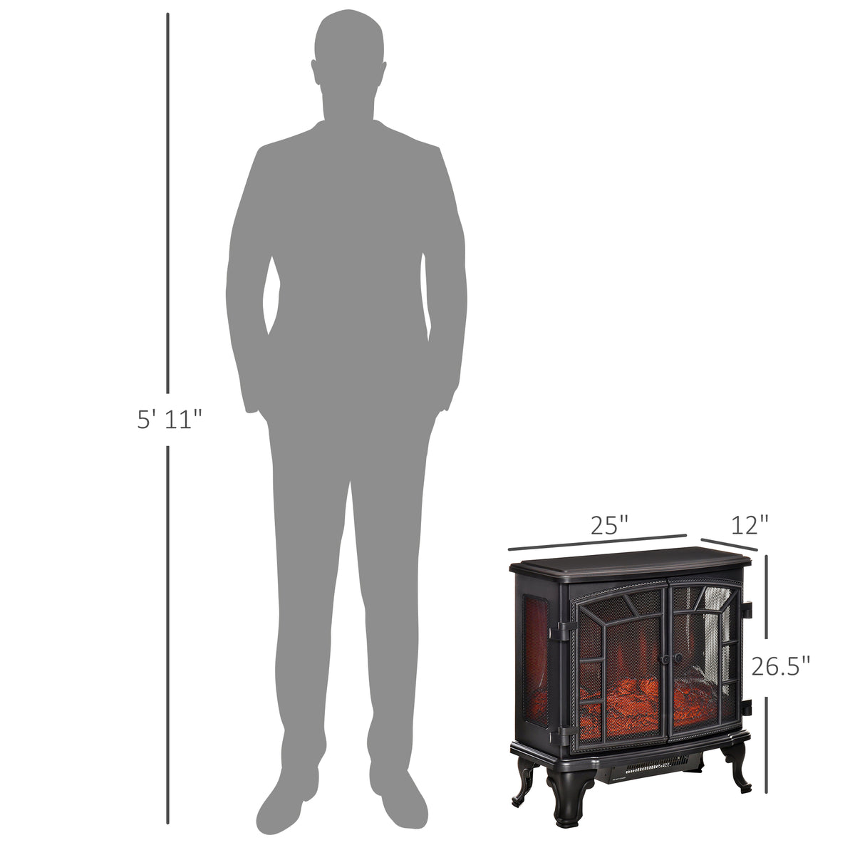 Electric fireplace with dimensions shown relative to a person's height
