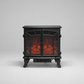 Electric fireplace with features highlighted on a white curtain background