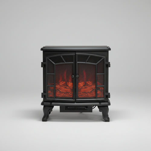 Electric fireplace with features highlighted on a white curtain background
